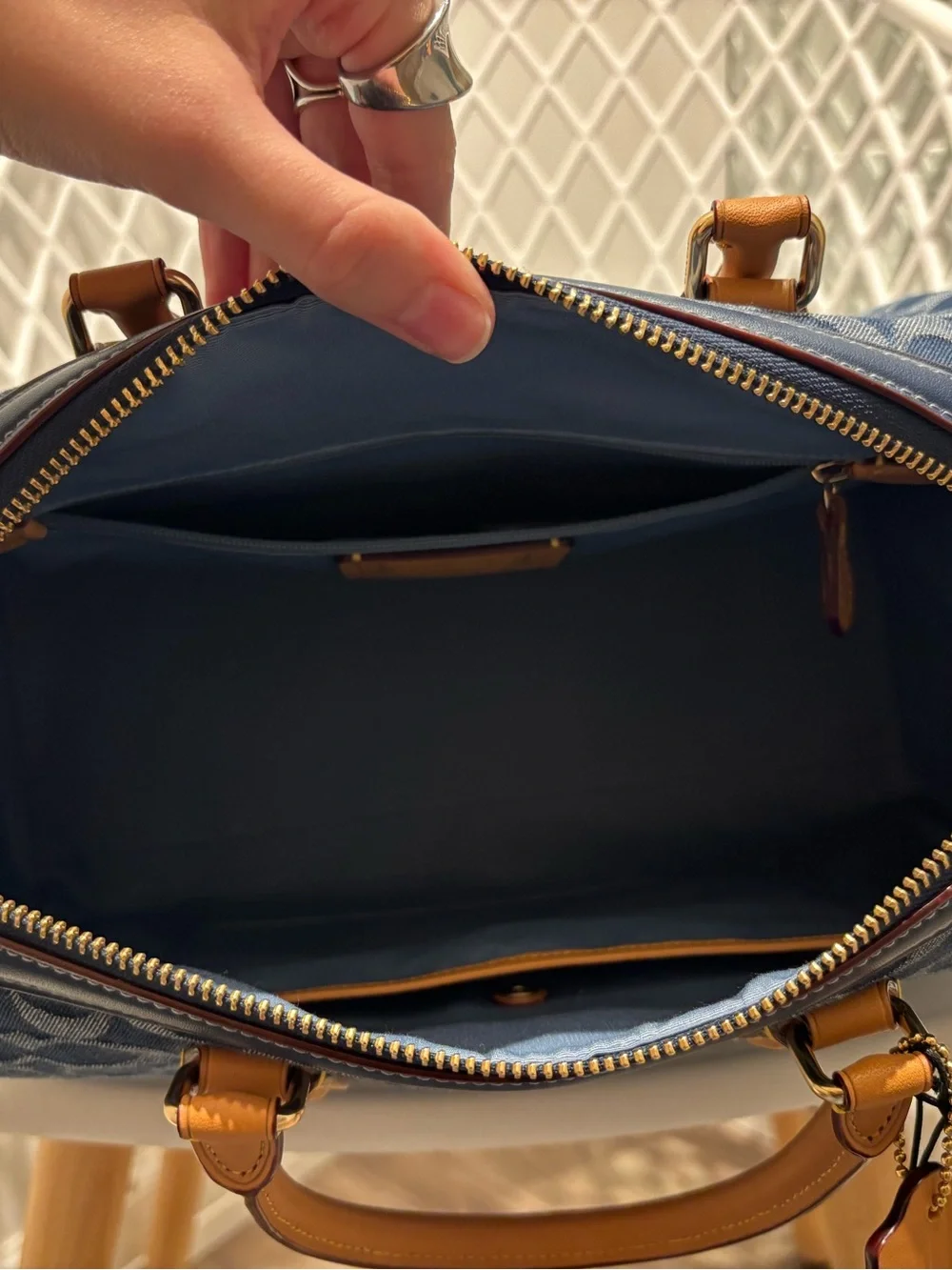 Coach Navy Signature Canvas Bag with Tan Leather Trim